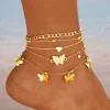 4-Piece Vacation Beach Butterfly Layered Anklet Set - Creative Beaded & Heart Chain Design