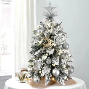 22in Silver Tabletop Christmas Tree Pre-lit  Artificial Small Mini Xmas Tree with Flocked Snow Exquisite Silver Ornaments